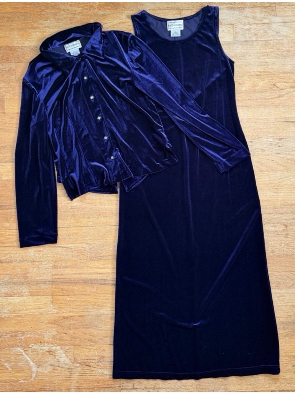 Vintage Crushed Velvet Dress & Jacket Set Size Small 90s Stretch Navy Blue Maxi